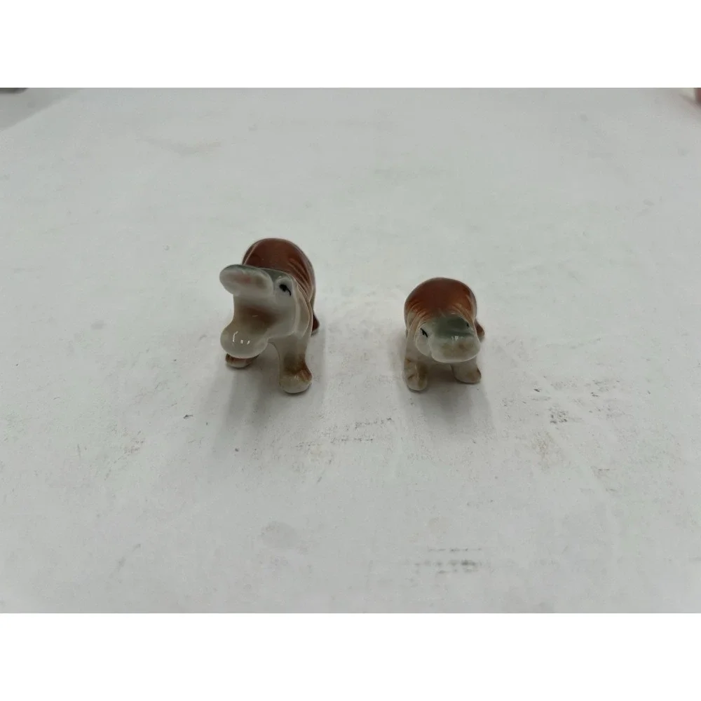 Vintage Miniature Porcelain Hippopotamus Figurines Pair Adult Baby Hippo